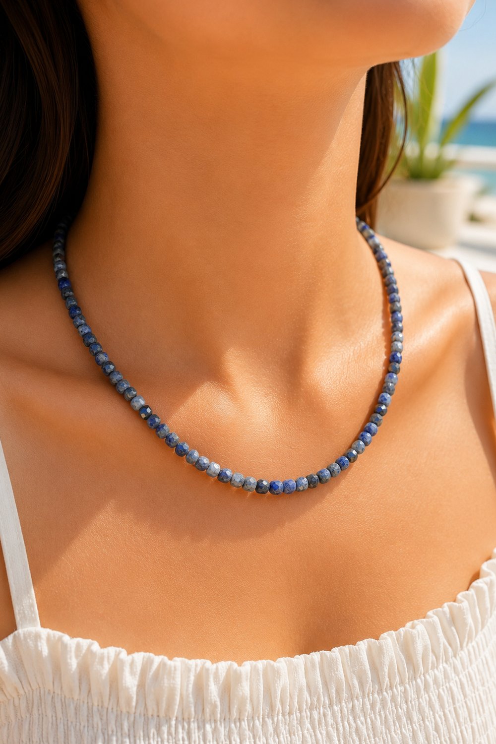 Deep blue lapis lazuli facet-cut cubes on a full-strand necklace