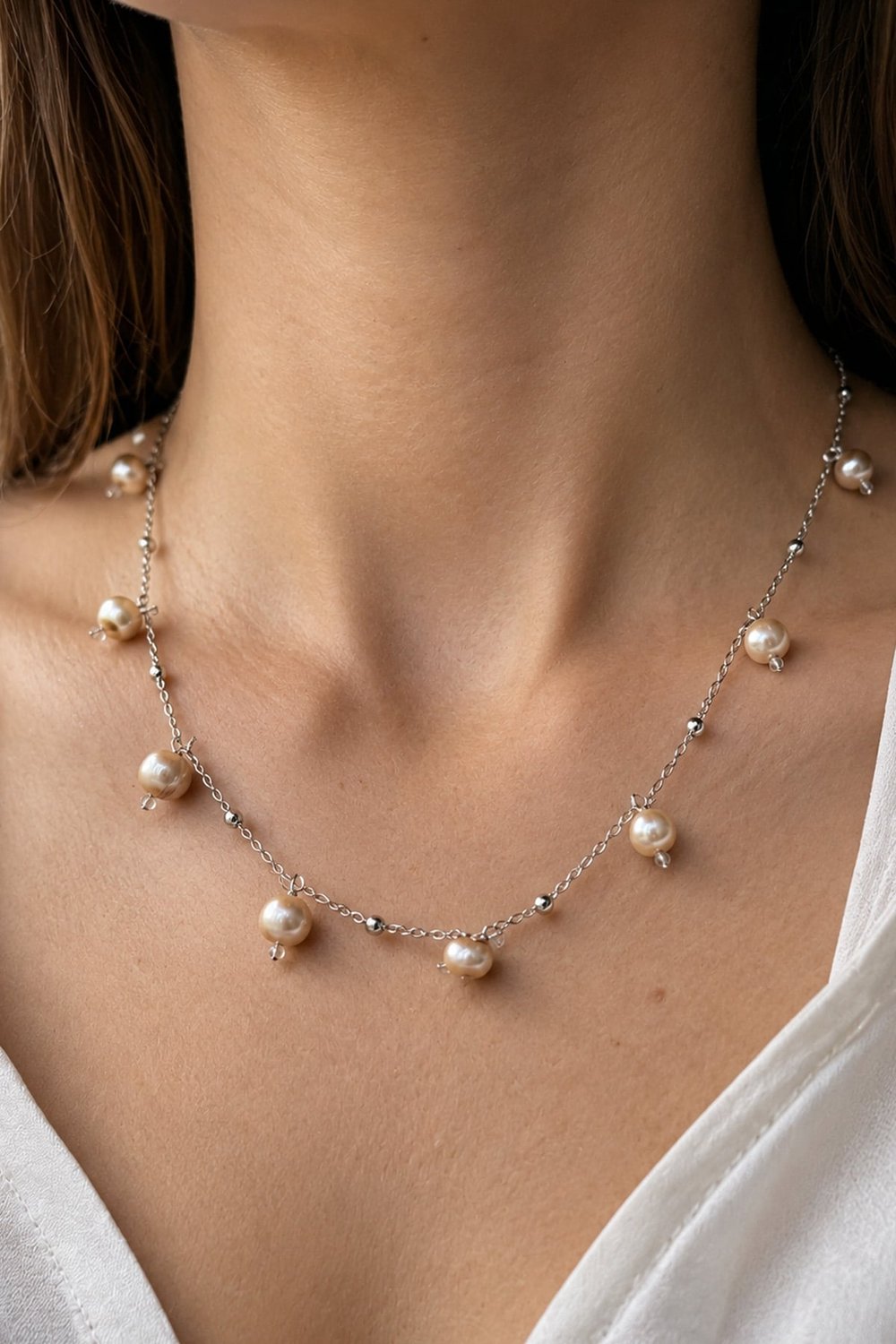 Ekru freshwater pearl pendant swinging from a silver-tone chain